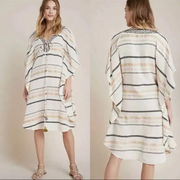 Anthropologie Duet Beige Striped Tasseled Mariska Caftan Coverup Dress One Size - Picture 2 of 10